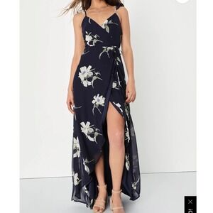 Lulus All Mine Navy Blue Floral Print High-Low Wrap Dress Navy Small Party
